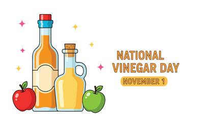 Two bottles of vinegar with apples and National Vinegar Day text