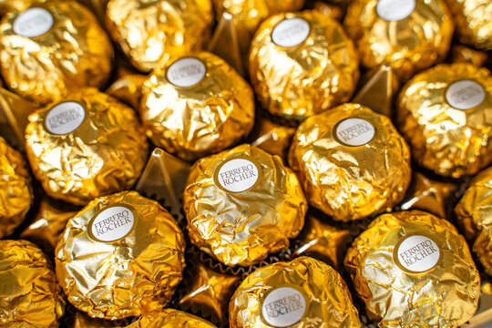 Close-up of Ferrero Rocher Chocolate on Golden Wrapper