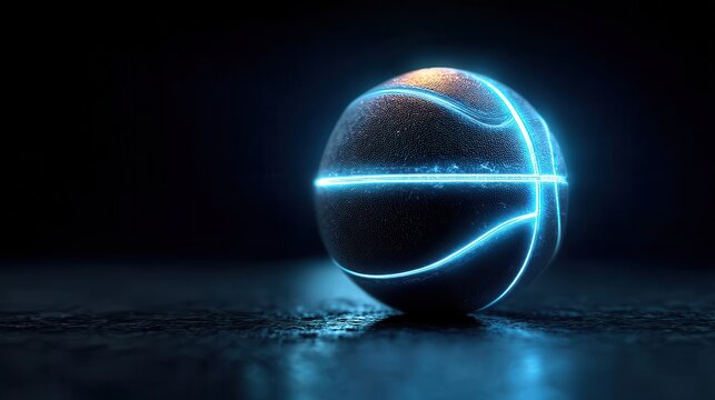 creative basketball with glowing blue neon seams on a midnight blue background