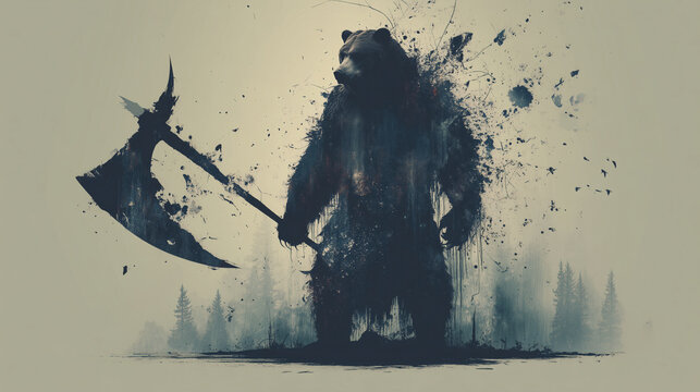 Abstract bear warrior silhouette with axe and ink splatter effect