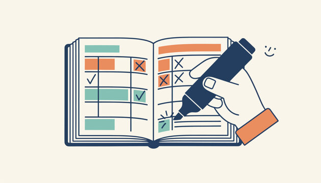 A person crossing off tasks in a structured planner depicting the satisfaction of following a timeblocking schedule and achieving goals.