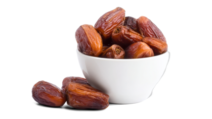Dried dates fruits with white bowl on white background