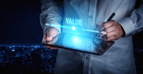 Value measurement and adjustment concept showing value, performance, and optimization level with focus on data analytics, calibration, and improvement Vouch
