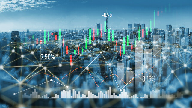 A vibrant illustration of financial growth featuring colorful charts over a modern city skyline, highlighting market trends and investment opportunities in an urban setting. Scalp