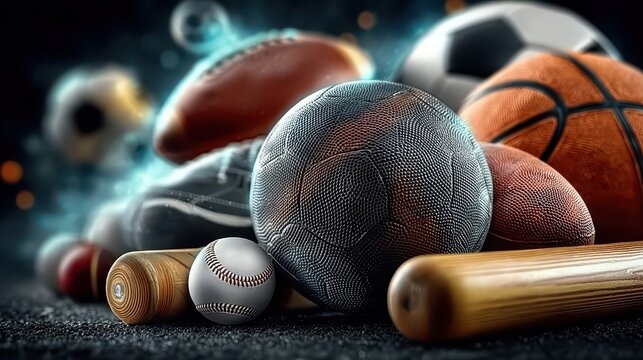 dynamic and vibrant representation of various sports equipment.