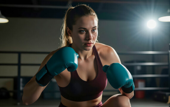 A female boxer trains intensely indoors while wearing gloves and preparing for a challenging match ahead