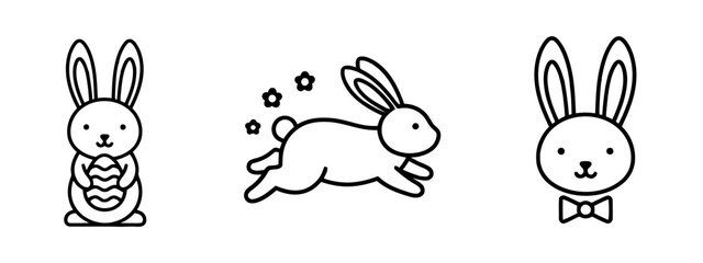 Easter Bunny Line Art Collection with Egg, Flowers and Bow Tie, Springtime Vector