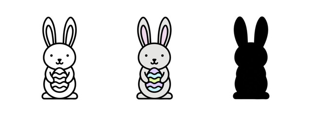 Bunny holding decorated egg shown in outline, color, and silhouette variations on white