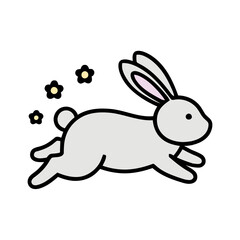 Cartoon Drawing of a Leaping Gray Rabbit with Flowers on White Background