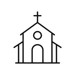 Simple line drawing of a small church building with cross