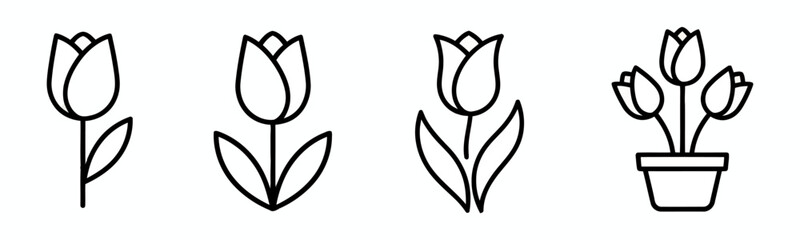 Four Isolated Tulip Flower Head Outline Illustrations in Row on White