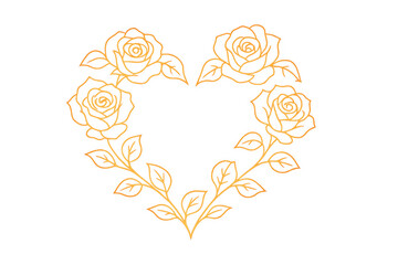Gold heart shape frame drawing a wreath with roses and leaves, elegant floral line art design on transparent background
