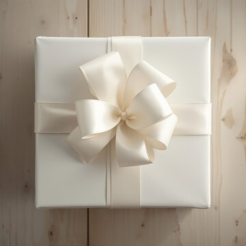 Caja de regalo blanca con cinta y mo&ntilde;o sobre fondo de madera. Dise&ntilde;o de empaque minimalista, limpio y moderno, ideal para maquetas, Caja cenital 