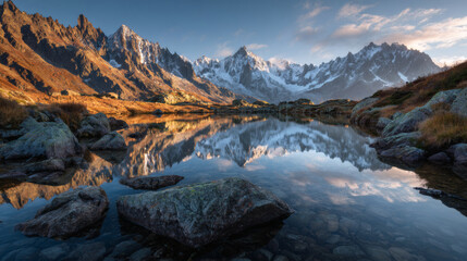 Dramatic mountain landscape with snow-capped peaks reflecting in alpine lake, captured during sunrise with warm golden light painting mountain facesJ