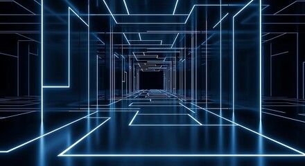 Glowing blue lines form a tunnel like structure leading into a dark abyss in a futuristic design