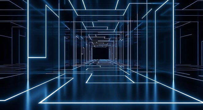Glowing blue lines form a tunnel like structure leading into a dark abyss in a futuristic design