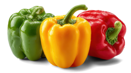 Sweet orange, red and green bell peppers on white background