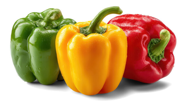 Sweet orange, red and green bell peppers on white background