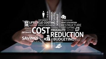 A businessman explores cost reduction techniques, emphasizing budgeting and savings. Digital icons and keywords enhance the visual representation of financial strategies. Tessel