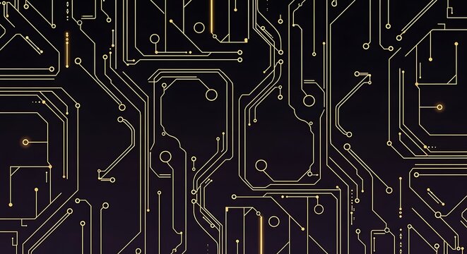 Detailed view of a circuit board pattern with yellow lines and circles on a dark background design style
