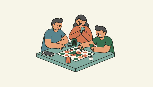 A digital detox scene with a phone p face down while friends enjoy a board game emphasizing the need to unplug from technology.