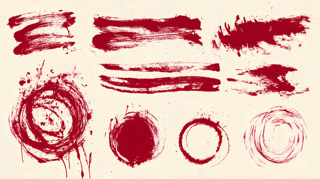 Red blood brushstrokes. Vector Chinese red ink lines pack. Bloody color painted brushstroke text highlights, frames, circles. Rough grunge abstract smear scribbles. Hand drawn maroon paint stains