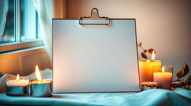 Briefpapier Mockup mit Klammer und Kerzenlicht, Letterhead Mockup &ndash; Binder Clip, Cozy Candle Glow, Spa Aesthetic Stationery &ndash; Warm Ambient Light