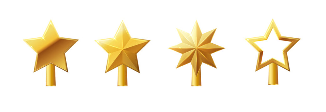 Christmas gold tree topper vector. 3d realistic golden star decoration in , decorative traditional shiny design for top of Xmas pine tree. Vector