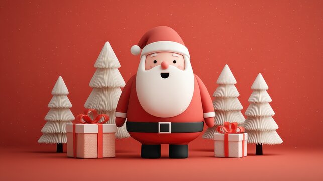Santa character, gift, white Christmas tree on a red background