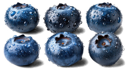 Set of eight ripe blueberries covered with water drops on white background