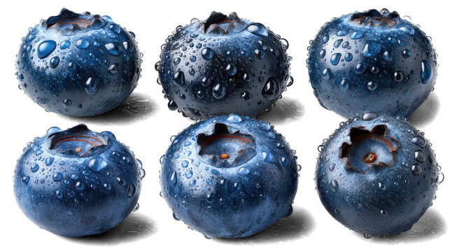Set of eight ripe blueberries covered with water drops on white background