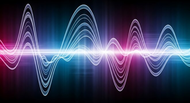 Abstract representation of sound waves with neon colors against a dark background display design