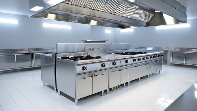 Modern stainless-steel commercial kitchen with range, grill, and ventilation hood. Clean, polished design for professional cooking, food preparation, catering, and restaurant interiors emphasizing.