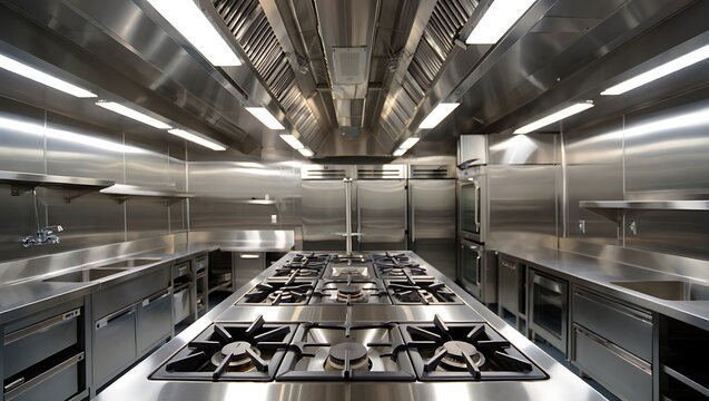 Modern stainless-steel commercial kitchen with range, grill, and ventilation hood. Clean, polished design for professional cooking, food preparation, catering, and restaurant interiors emphasizing.