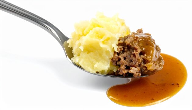 Spoonful of Minced Meat Gravy and Creamy Mashed Potatoes on White
