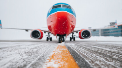 A commercial airplane on a snowy airport runway during a winter storm. Low angle view of a jet grounded by bad weather. Aviation and travel concept