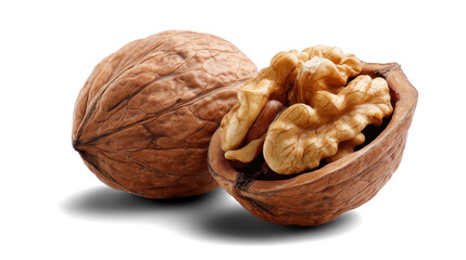 walnuts with leaves on white background