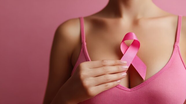 Women holding pink ribbon on color background, closeup. Breast cancer awareness concept - Powered by Adobe