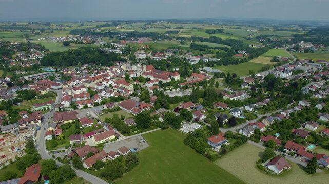 Aerial view around the old town of Falkenstein in Germany., Bavaria on a sunny morning in spring.