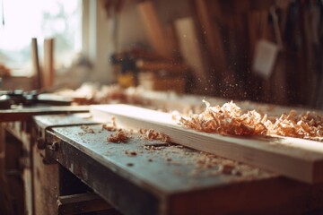 Woodworking workshop with wood shavings on workbench. Carpentry and craftsmanship for DIY tutorials and artisan marketing.