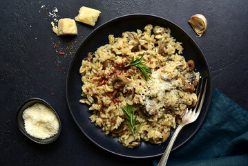 Risotto with mushrooms - tradishional dish of italian cuisine. Top view with copy space.