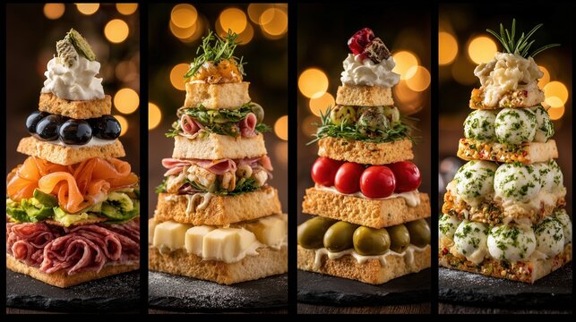 christmas design of delicious appetizers (cheese, herry tomatoes, bread)  in shape of christmas tree collage 