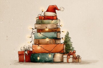 Stack of vintage books wrapped with fairy lights. Literary and education concept for reading and library marketing content.