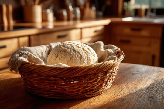 Rustic bread loaf in wicker basket with linen cloth. Artisan bakery and homemade food for culinary and restaurant marketing. - Powered by Adobe