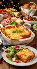 Fototapeta premium Baked lasagna and fresh salad on festive dinner table with various appetizers. Delicious meal for Christmas or New Year celebration and party.