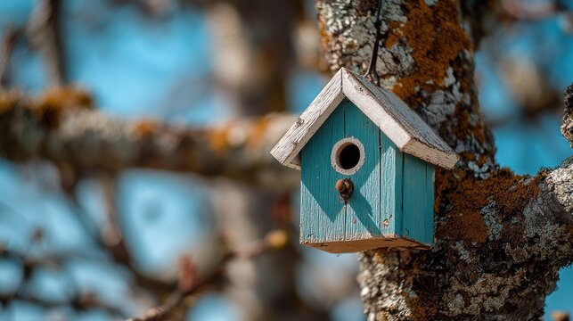 Light blue miniature birdhouse mounted on tree branch. Nature and wildlife concept for garden and ecological content.