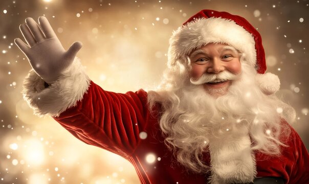 Santa claus wearing his red suit, smiling and waving during a festive holiday
