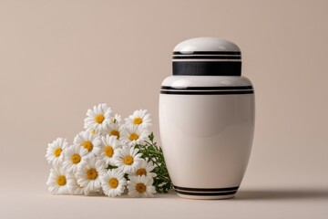 White porcelain urn with black ribbon and daisies arrangement. Memorial and ceremonial concept for funeral and remembrance.