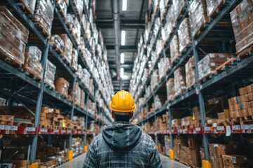 Fototapeta premium Worker in hard hat standing in large warehouse among storage shelves. Logistics and industrial concept for commerce.