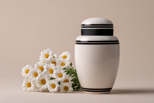 White porcelain urn with black ribbon and daisies arrangement. Memorial and ceremonial concept for funeral and remembrance. - Powered by Adobe